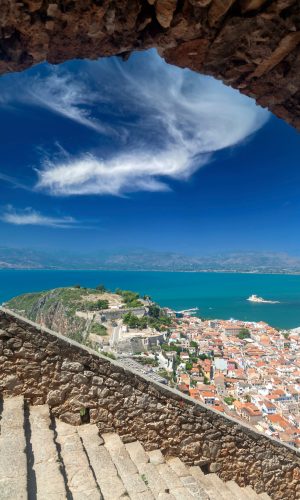 Panoramic,View,Of,Nafplio,Town,From,The,Medieval,Castle,Of